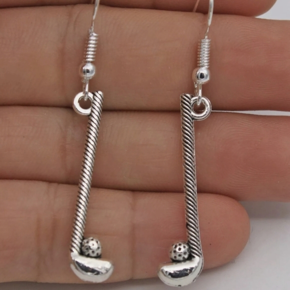 New Golf Clubs Silver Dangle Earrings. - Picture 2 of 2